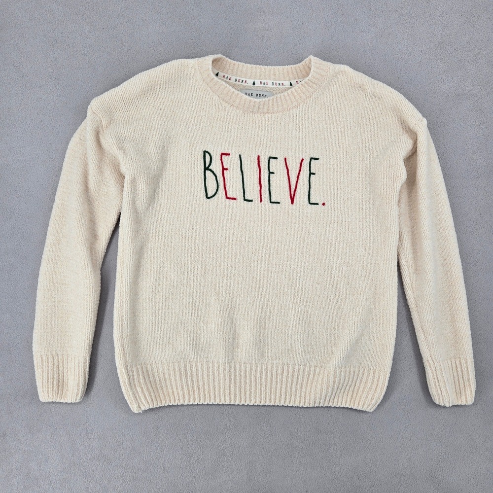 Rae Dunn Women Small Soft Believe Chenille Sweater Holiday Festive Christmas